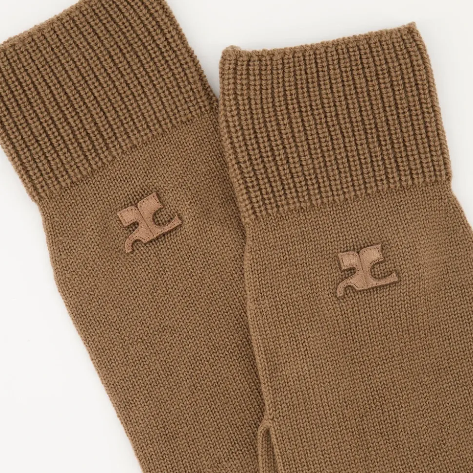 Beige Lana Unisex Guanti con Logo