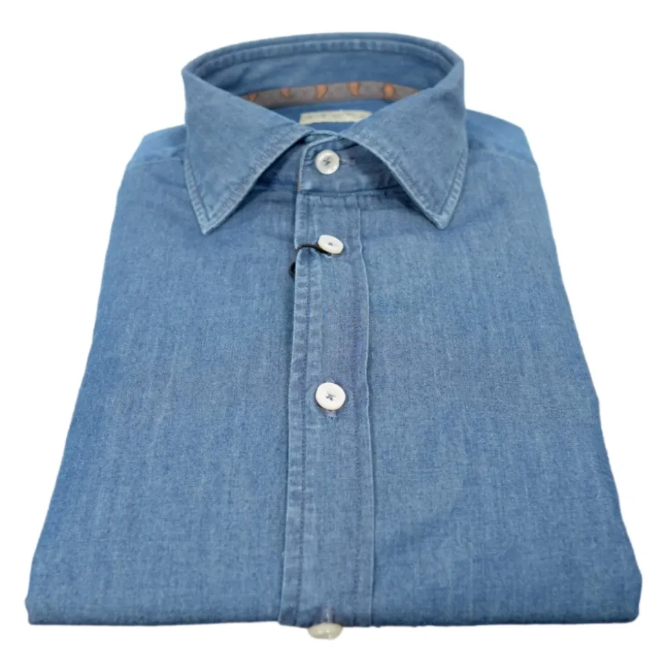 Camicia in Denim con Colletto Francese Piccolo