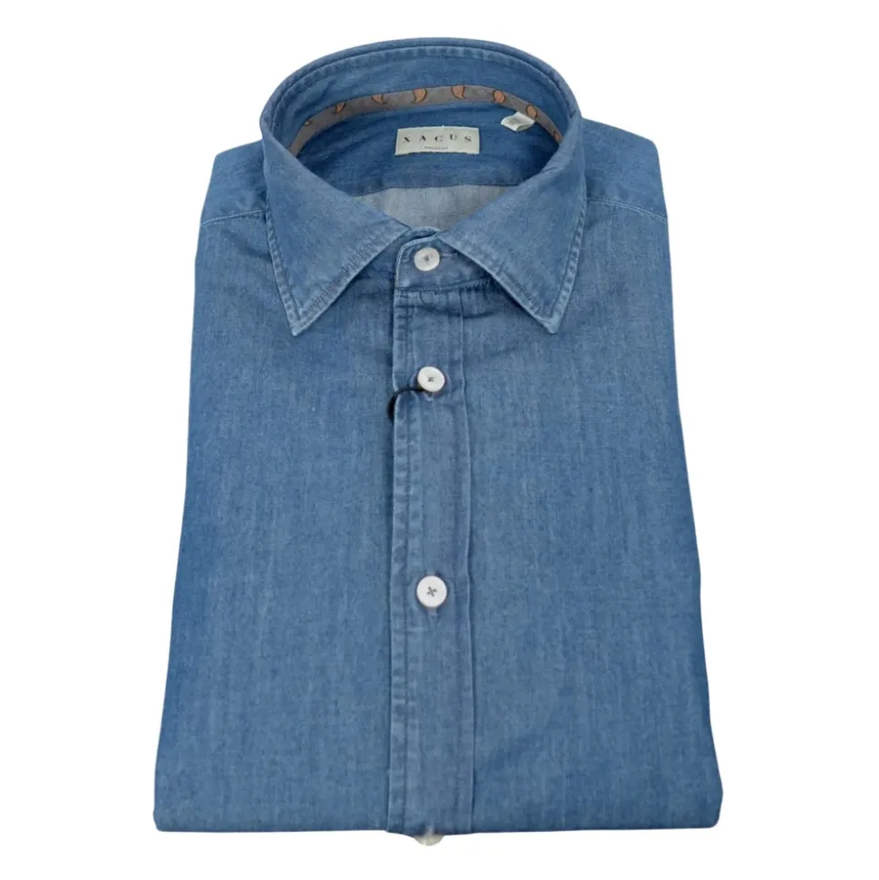 Camicia in Denim con Colletto Francese Piccolo