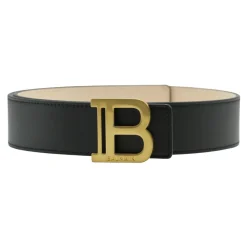 Cintura elegante in pelle nera con fibbia dorata