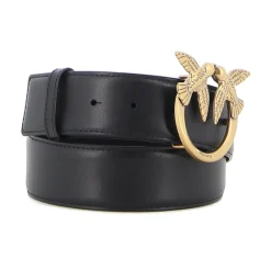 Cintura in pelle nera con logo dorato