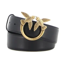 Cintura in pelle nera con logo dorato