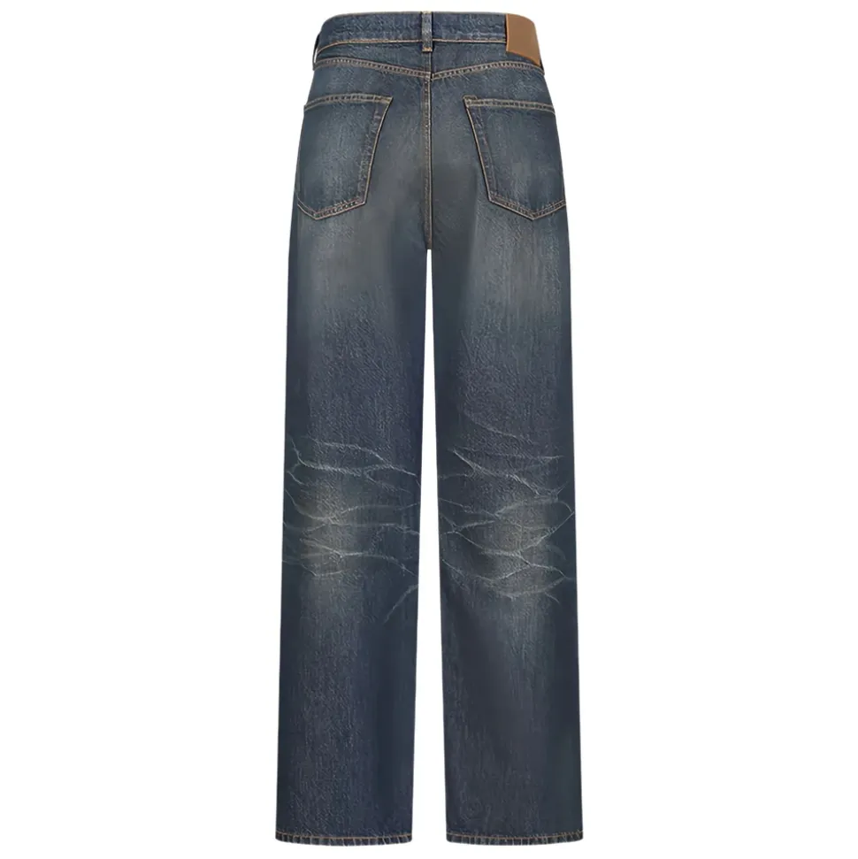 Jeans in Cotone Blu con Lavaggio Consumato e Chiusura a Bottone