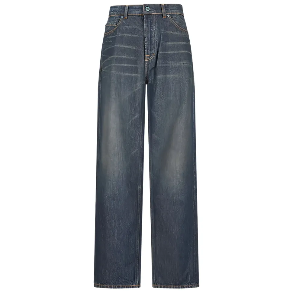 Jeans in Cotone Blu con Lavaggio Consumato e Chiusura a Bottone