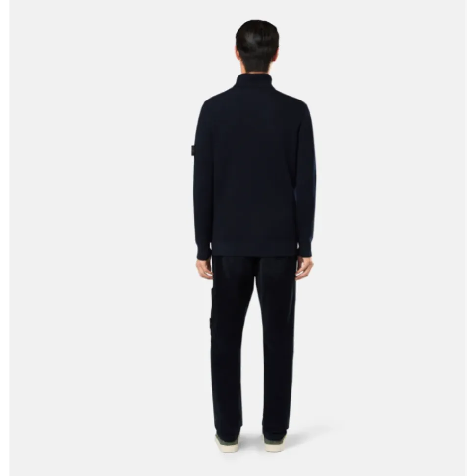 Maglione a Collo Alto in Lana Blu Navy a Coste