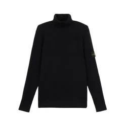 Maglione a Collo Alto in Lana Blu Navy a Coste
