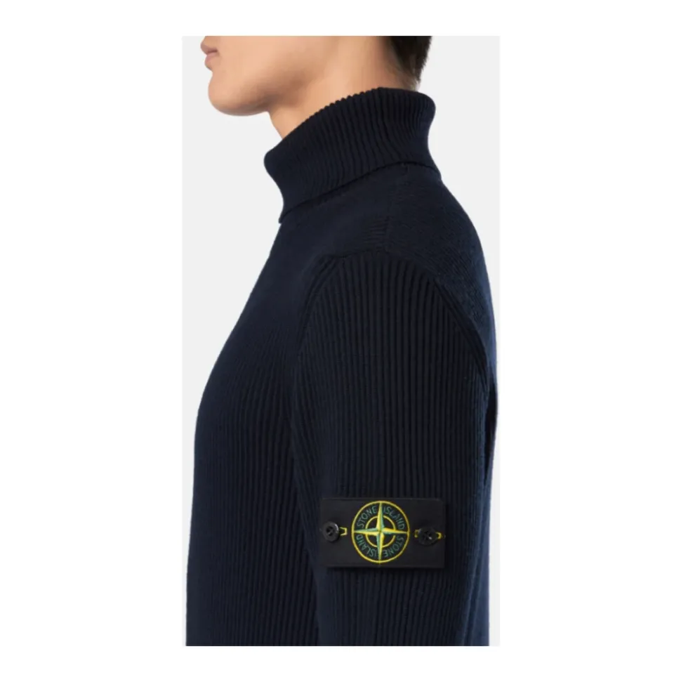 Maglione a Collo Alto in Lana Blu Navy a Coste