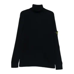 Maglione Blu in Lana a Coste con Collo Alto