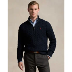 Maglione in maglia a trecce con mezza zip