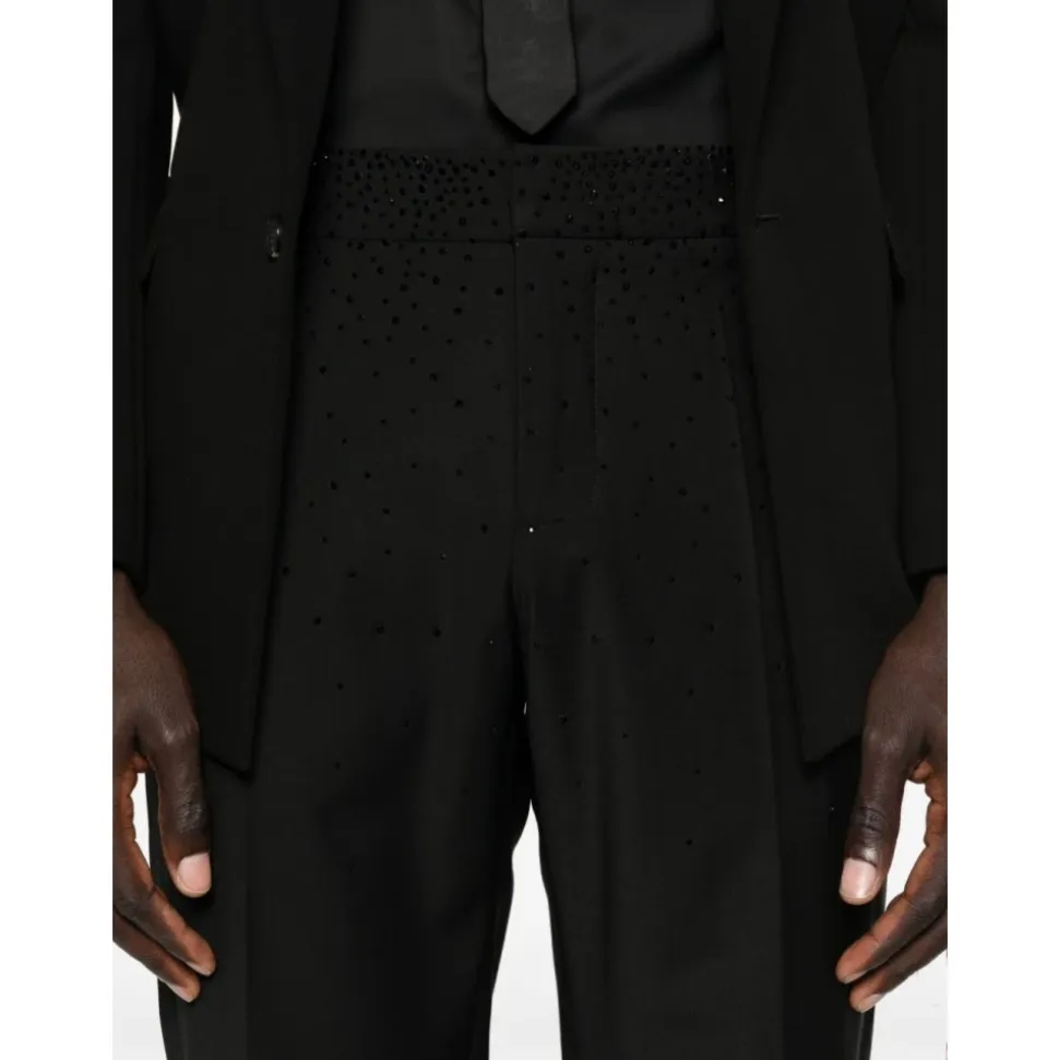 Pantaloni slim fit in lana fresca con strass