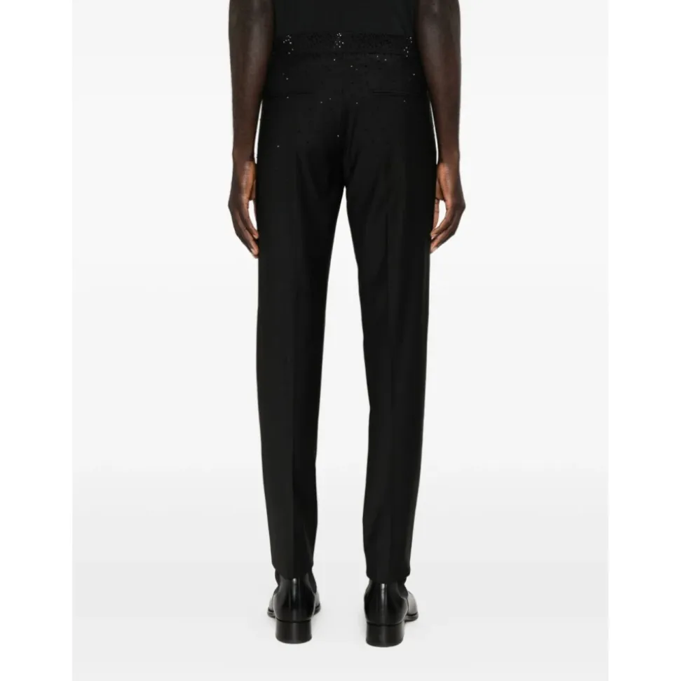 Pantaloni slim fit in lana fresca con strass