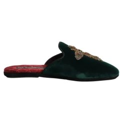 Pantofole in velluto verde con croce decorata