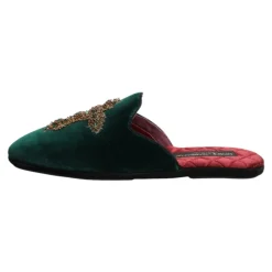 Pantofole in velluto verde con croce decorata