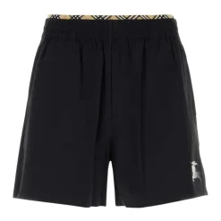 Shorts in Nylon Elasticizzato con Bordi Check