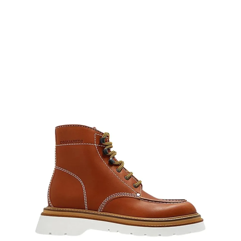 Stivali Alti Stringati in Pelle Color Cammello