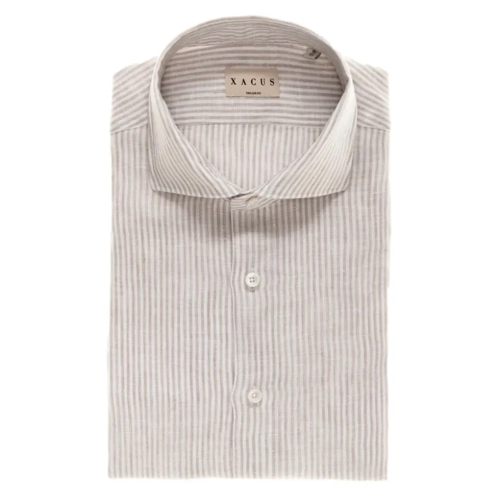 XACUS Camicia Uomo Puro Lino 41212005 Rigata Colore Sabbia